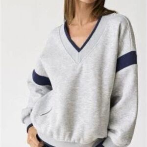 Women's Gray and Navy V-Neck Sweater